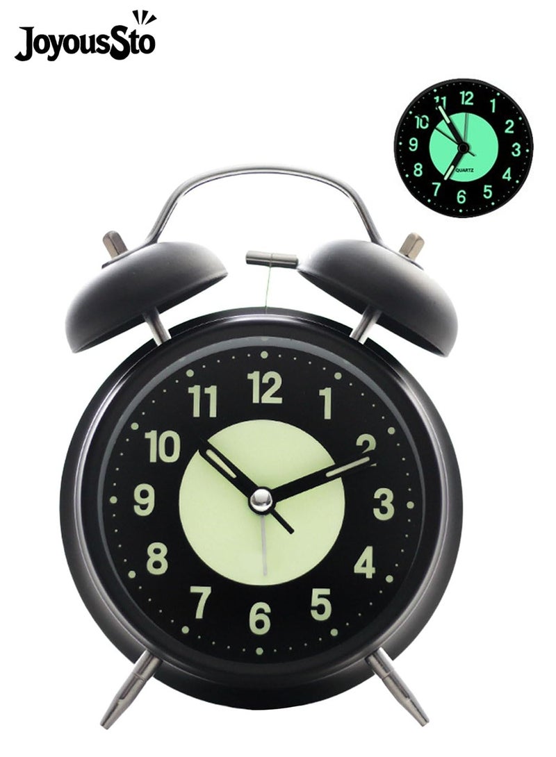 JoyousSto Analog Alarm Clock 4 inches Super Silent Non-Ticking Twin Bell Alarm Clock,Backlight,Luminous,No Snooze,Battery Operated,Louder Bell for Heavy Sleepers,Home Decor,Black - Image 1