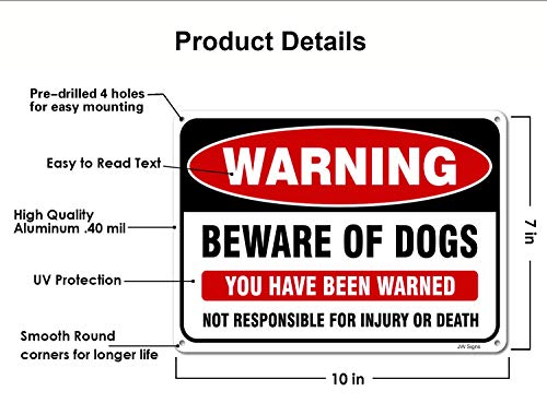 JW Signs Beware of Dog Sign (2 Pack) 10”x7” Reflective Metal Signs 0.40 Aluminum Sign Pre-Drilled Holes For Easy Mounting Indoor or Outdoor Use for Fence Door or Gate - Image 2