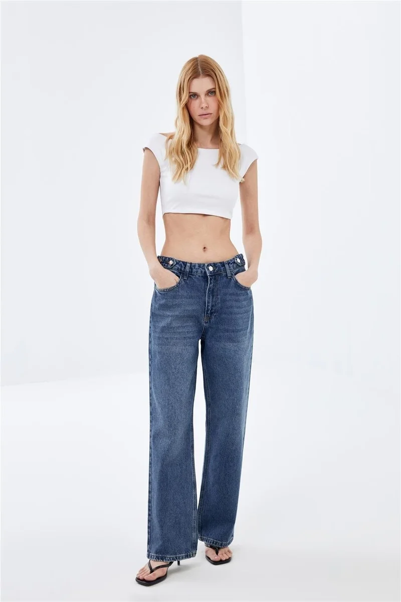 Pieces Of Melon Blue High Waist Wide Leg Waist Detailed Jeans
