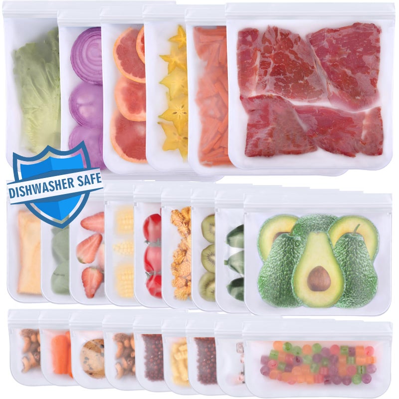 Lerine 24 Pack Dishwasher Safe Reusable Bags Leakproof Reusable Freezer Bags BPA Free Food Storage Bags for Lunch Meat Veggies 6 Gallon 9 Sandwich 9 Snack Bags  White
