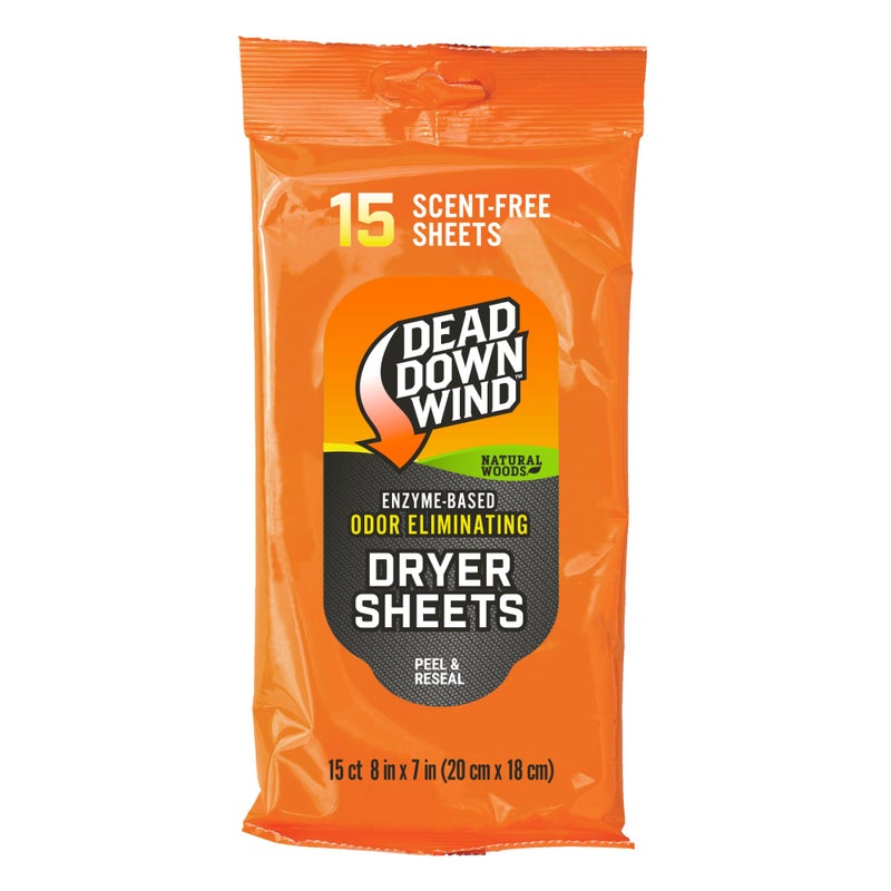 DEAD DOWN WIND Natural Woods Scented Odor Eliminating Dryer Sheets 15Ct Hunting Scent Control Durable Hunting Scent Eliminators Advanced Hunting Laundry Gear