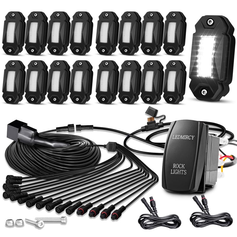 LEDMIRCY R2 Pure White Rock Lights Kit with Rocker Switch Wire Harness 16PCS Rock Lights White for Offroad Trucks ATV UTV SUV Underglow Light Trail Rig Light Under Body High Power Waterproof