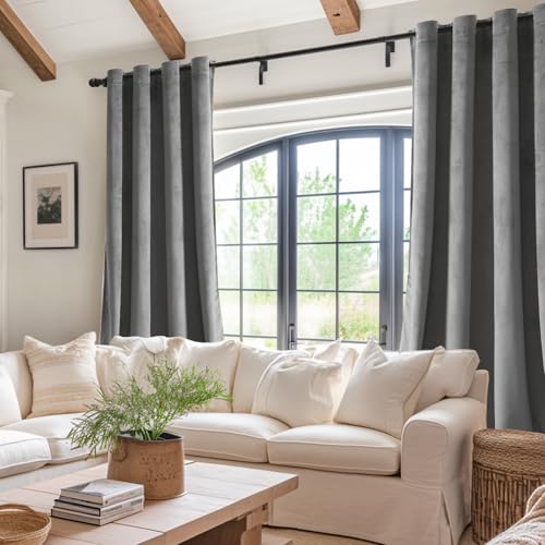 JIUZHEN Grey Velvet Curtains 96 inches for Living Room - Thermal Insualted Room Darkening Grommet Thick Velvet Window Drapes for Bedroom/Dining, Set of 2 with Tiebacks, W52 x L96 - Image 4