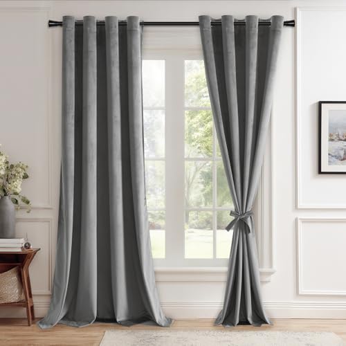 JIUZHEN Grey Velvet Curtains 96 inches for Living Room - Thermal Insualted Room Darkening Grommet Thick Velvet Window Drapes for Bedroom/Dining, Set of 2 with Tiebacks, W52 x L96 - Image 1
