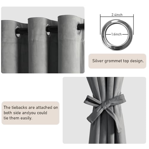 JIUZHEN Grey Velvet Curtains 96 inches for Living Room - Thermal Insualted Room Darkening Grommet Thick Velvet Window Drapes for Bedroom/Dining, Set of 2 with Tiebacks, W52 x L96 - Image 5