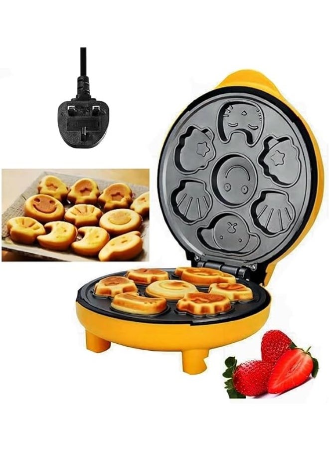 DUNISO Cake maker, electric mini waffle maker, making 7 different cartoon shaped waffles and cakes, double sided heating non stick board, 800W, suitable for baking, breakfast, kitchen,yellow  - Image 1
