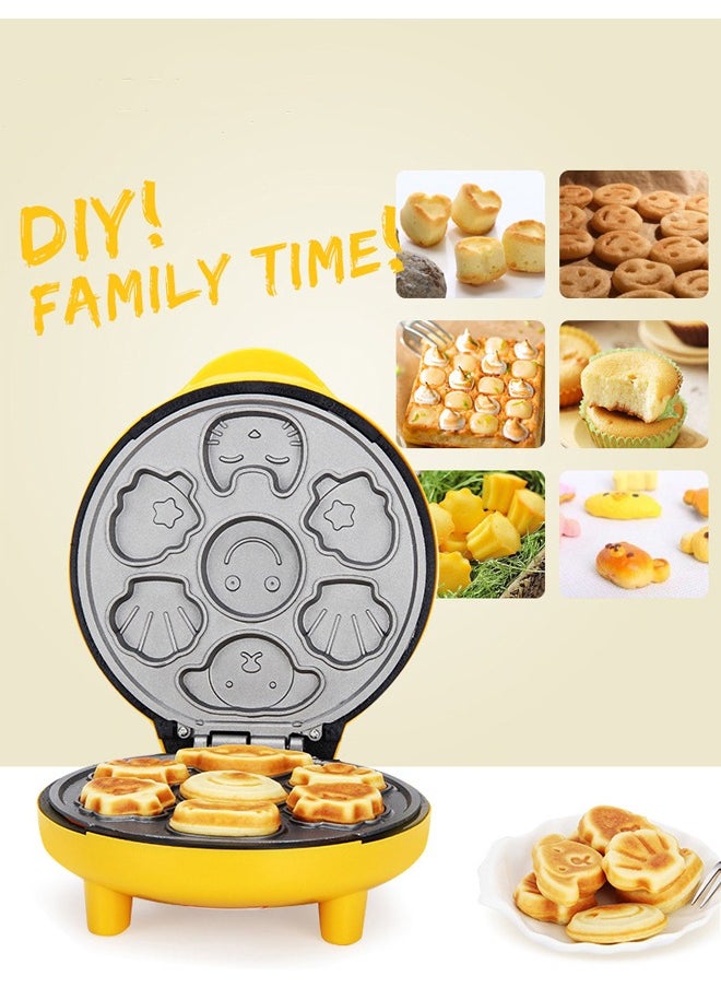 DUNISO Cake maker, electric mini waffle maker, making 7 different cartoon shaped waffles and cakes, double sided heating non stick board, 800W, suitable for baking, breakfast, kitchen,yellow  - Image 1