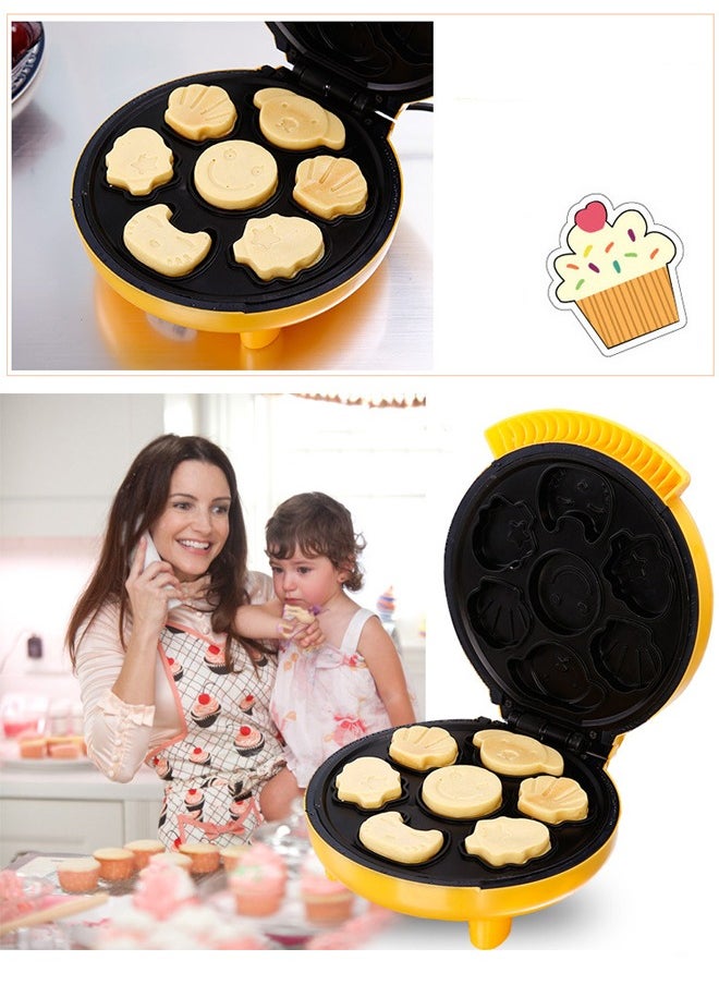 DUNISO Cake maker, electric mini waffle maker, making 7 different cartoon shaped waffles and cakes, double sided heating non stick board, 800W, suitable for baking, breakfast, kitchen,yellow  - Image 2