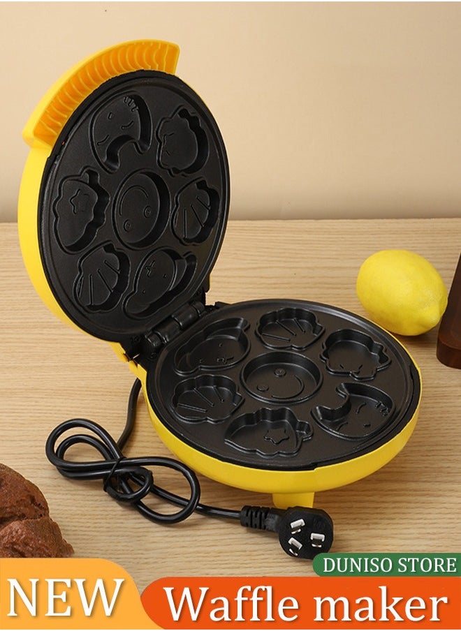 DUNISO Cake maker, electric mini waffle maker, making 7 different cartoon shaped waffles and cakes, double sided heating non stick board, 800W, suitable for baking, breakfast, kitchen,yellow  - Image 3
