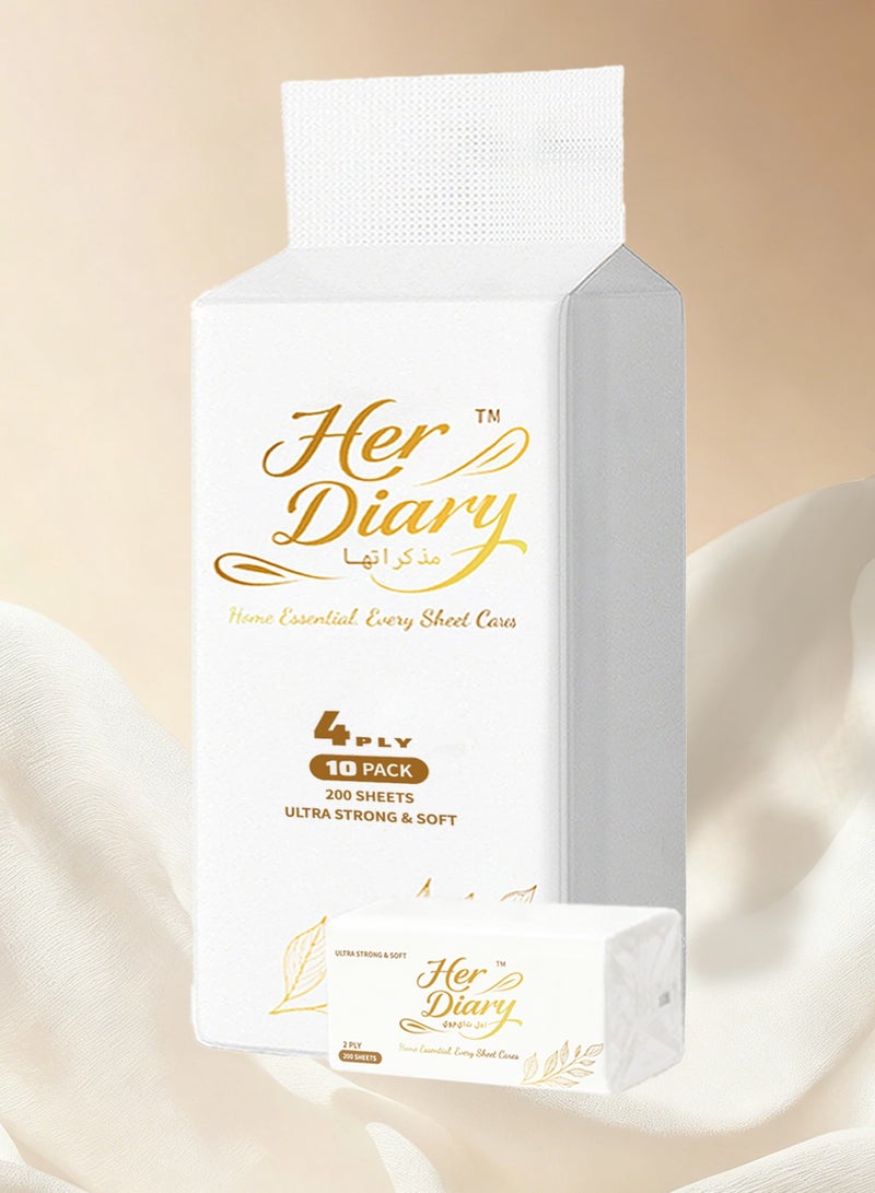 مذكراتها مناديل وجه فائقة النعومة، مكونة من 4 طبقات، 10 عبوات (8 + 2 إضافية) تحتوي على 800 منديل ناعم من ورقة واحدة، لطيفة وقوية للوجه والأنف والاستخدام اليومي - Image 1