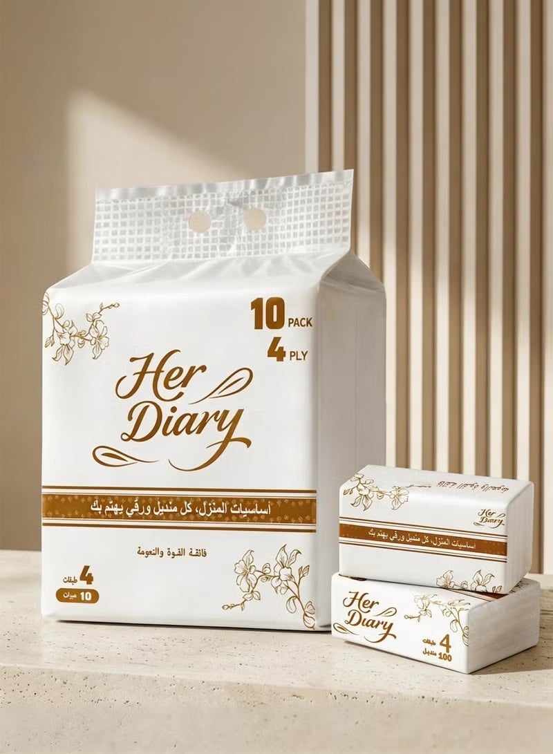 مذكراتها 4 طبقات من أنسجة الوجه ، 100 سحب لكل حزمة (حزمة من 10) ، الأنسجة اليومية الناعمة والسميكة للغاية ، 100٪ لب الخشب العذراء ، غير معطر ومضاد للحساسية للبشرة الحساسة والسيارات والمنازل والمكتب - Image 1