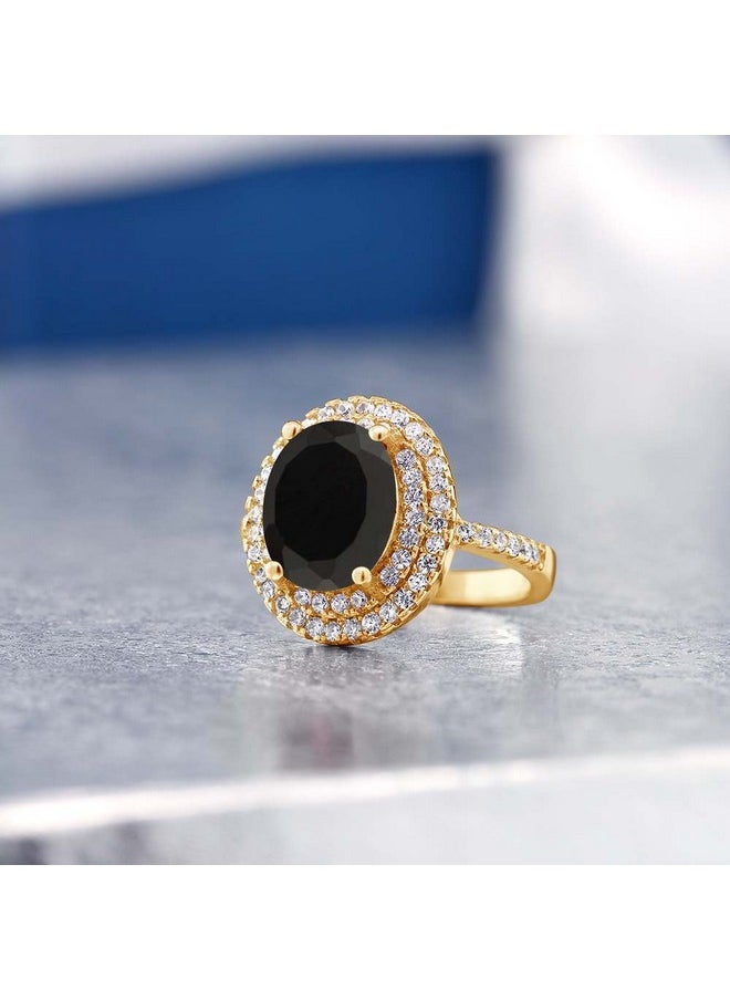 GEM STONE KING - 18K Yellow Gold Plated Silver Black Onyx Ring For Women (3.80 Cttw Oval 9X7Mm Gemstone Birthstone Available In Size 5 6 7 8 9) - Image 1