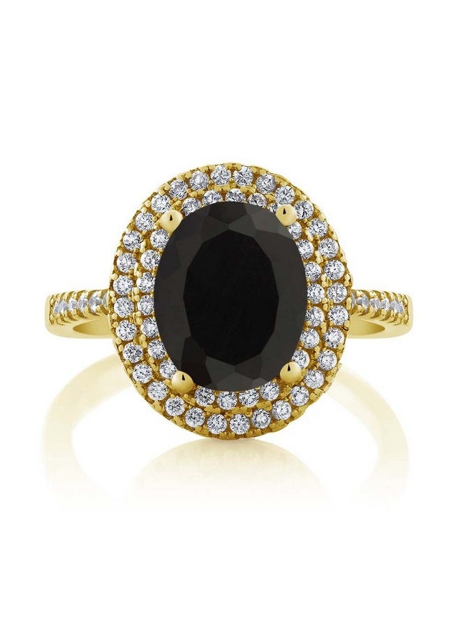 GEM STONE KING - 18K Yellow Gold Plated Silver Black Onyx Ring For Women (3.80 Cttw Oval 9X7Mm Gemstone Birthstone Available In Size 5 6 7 8 9) - Image 1