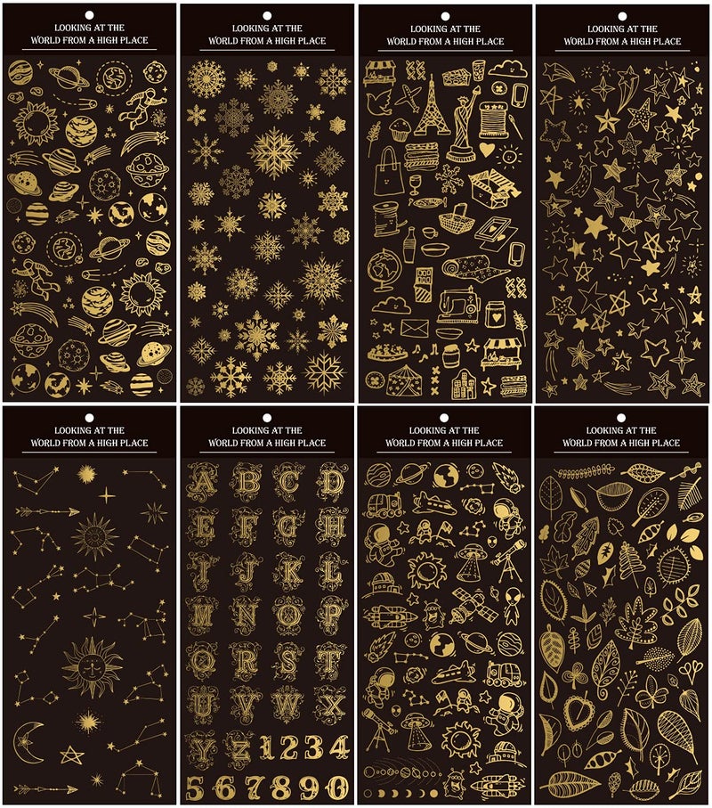 BooDecal 400+ Gold Stickers 8 Sheets Gold Stamping Stars Travel Snow Flakes Leaves Journal Supplies Stickers for Scrapbooking Bullet Journaling Luggage Suitcase Decorations Deco Paper