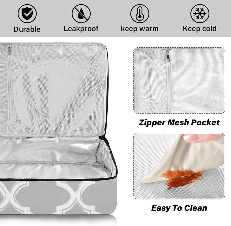 ElliTarr Casserole Carrier Insulated Casserole Dish Carrier Thermal Food Warmer Bag Lasagna Holder Lugger Tote Potluck Containers for Travel Picnic Party Silver Minimalist Quatrefoil - Image 4