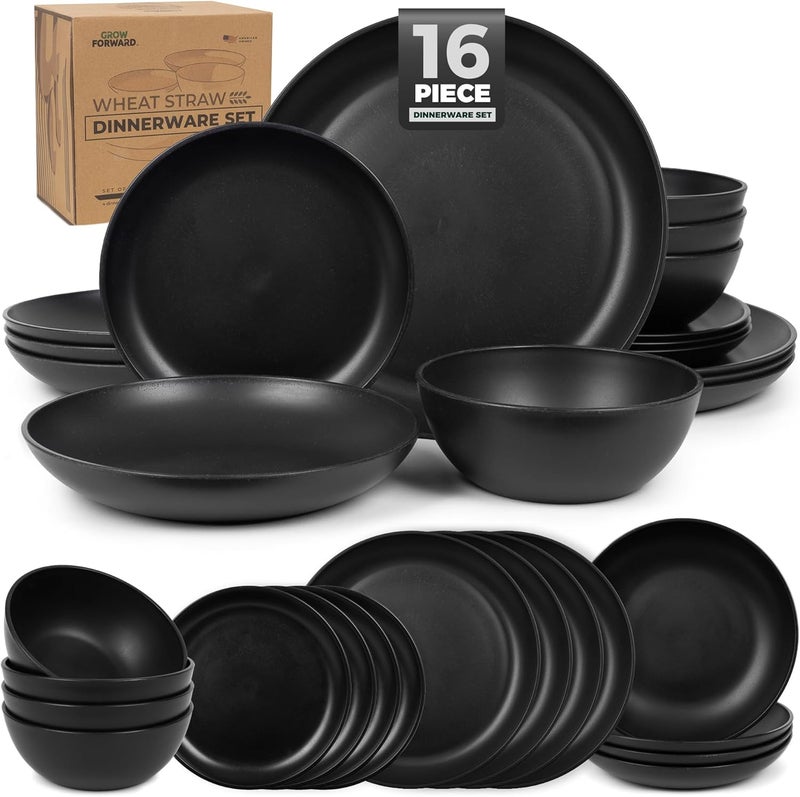 Grow Forward 16-piece Premium Wheat Straw Dinnerware Sets for 4 - Dinner Plates, Dessert Plates, Pasta Bowls, Cereal Bowls - Microwave Safe Plastic Plates and Bowls Sets, RV, Camping Dishes - Midnight - Image 1
