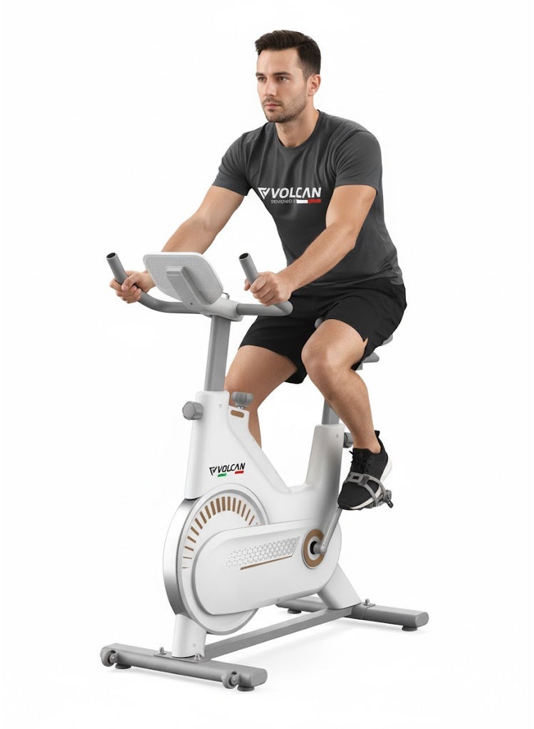 Volcan Fitness دراجة فولكان للدوران VFSP:4 | آلة تمارين داخلية ثابتة مع عجلة طيران 5 كجم | أبيض ورمادي - Image 3