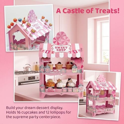 HaakLux Candy Castle Cupcake Stand 2 Tier - Holds 16 Cupcakes + 12 Lollipops on Roof, Pink Dessert Display for Birthday Theme Party Decorations, Sweet Treat Holder for Cake Candy Buffet - Image 2