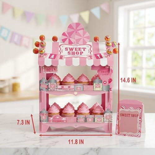 HaakLux Candy Castle Cupcake Stand 2 Tier - Holds 16 Cupcakes + 12 Lollipops on Roof, Pink Dessert Display for Birthday Theme Party Decorations, Sweet Treat Holder for Cake Candy Buffet - Image 4