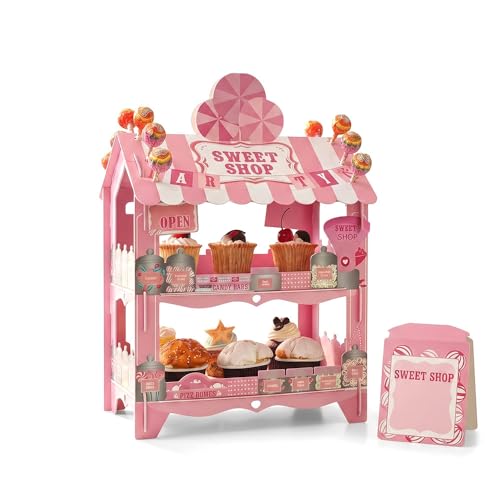 HaakLux Candy Castle Cupcake Stand 2 Tier - Holds 16 Cupcakes + 12 Lollipops on Roof, Pink Dessert Display for Birthday Theme Party Decorations, Sweet Treat Holder for Cake Candy Buffet - Image 1