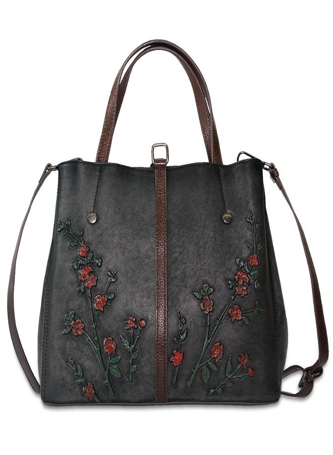 SHARPAD Genuine Leather Satchel for Women Top Handle Bags Handmade Purse Vintage Embossed Leather Crossbody Handbags Hobo Bag, Black-2, Medium - Image 1