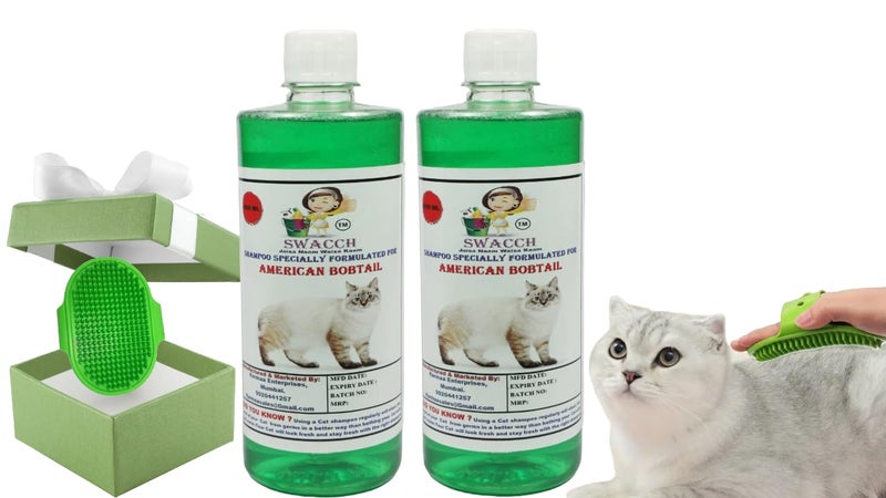 Swacch American Bobtail Cat Shampoo -500ml (Pack of 2) (Neem Alovera) + Bath Brush with Adjustable Straps Combo Pack - Image 1