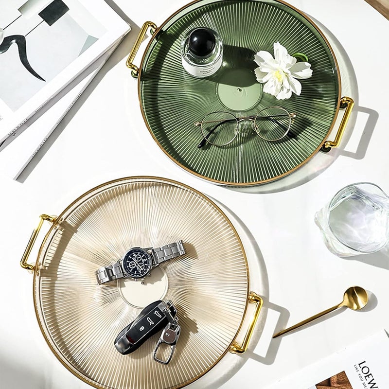 Calyrex Golden Round Tray 33 cm Golden Serving Trays Food Tray Makeup Tray European Style Bathroom Decorative Tray Jewellery Tray for Home Restaurant Amber Gold - Image 2