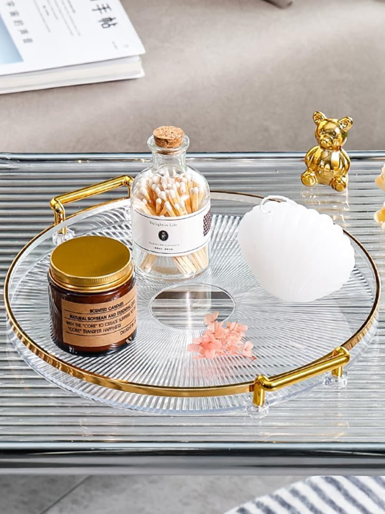 Calyrex Golden Round Tray 33 cm Golden Serving Trays Food Tray Makeup Tray European Style Bathroom Decorative Tray Jewellery Tray for Home Restaurant Amber Gold - Image 1