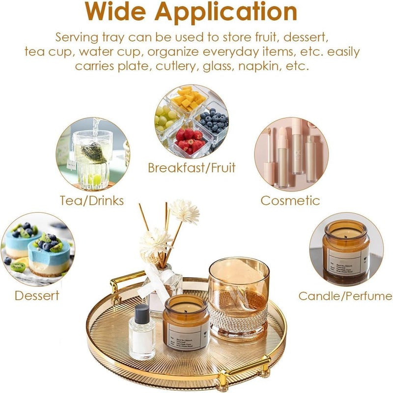 Calyrex Golden Round Tray 33 cm Golden Serving Trays Food Tray Makeup Tray European Style Bathroom Decorative Tray Jewellery Tray for Home Restaurant Amber Gold - Image 4