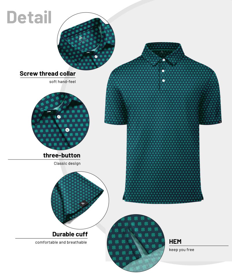 ZITY Mens Print Polo Shirts Short Sleeve Moisture Wicking Shirts for Men Golf Tennis Daily Casual Collared T-Shirt Four-Leaf Clover XL - Image 4