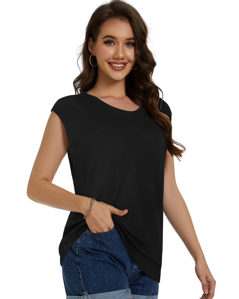 JOELLYUS Womens Summer Tops Casual Loose Cap Sleeve T Shirts Basic Dressy Tees Blouses(Black, L) - Image 4