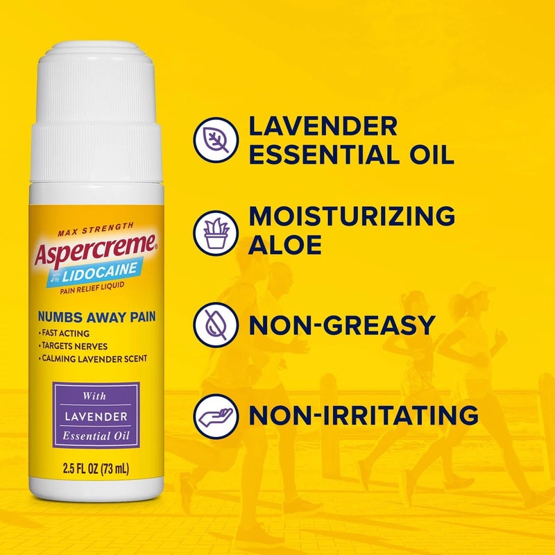 Aspercreme Essential Oils Lidocaine Pain Relief with No-Mess Roll-On Applicator, Max-Strength Lidocaine Numbs Away Nerve Pain, Moisturizing Aloe Hydrates Skin, Lavender, 2.5 Oz., 2pk - Image 5