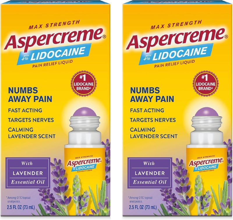 Aspercreme Essential Oils Lidocaine Pain Relief with No-Mess Roll-On Applicator, Max-Strength Lidocaine Numbs Away Nerve Pain, Moisturizing Aloe Hydrates Skin, Lavender, 2.5 Oz., 2pk - Image 1