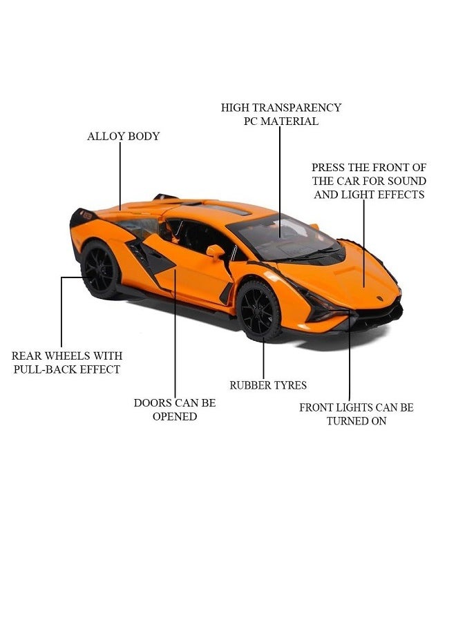 die cast 1:32 Compatible for Lamborghini Sian Model Car Toy, Zinc Alloy Pull Back Toy car with Sound and Light for Kids & Adults (Orange)  - Image 2