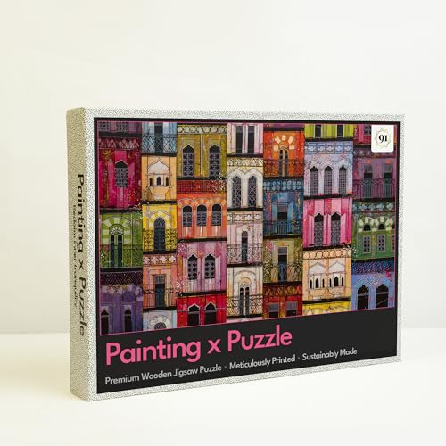 91Knots Painting x Puzzle Series | Contemporary Indian Art | 1000 Pieces Wooden Jigsaw Puzzles for Adults (1000 Pieces, Haveli Colorful Houses) - Image 1