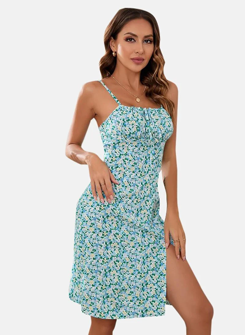 يونيكي Multicolor Floral Print Shoulder Straps Chiffon Side Slit A-Line Dress