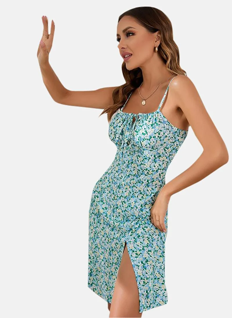 يونيكي Multicolor Floral Print Shoulder Straps Chiffon Side Slit A-Line Dress