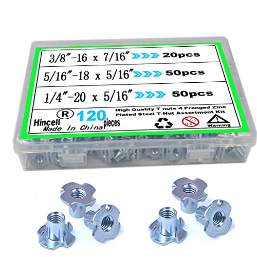 Hincell T Nuts 1/4"-20,5/16"-18, 3/8"-16,Hincell 120pcs Zinc Plated Steel T-Nut 4 Pronged Tee Blind Nuts Assortment Kit for Wood, Rock Climbing Holds, Cabinetry, Furniture,etc. - Image 1