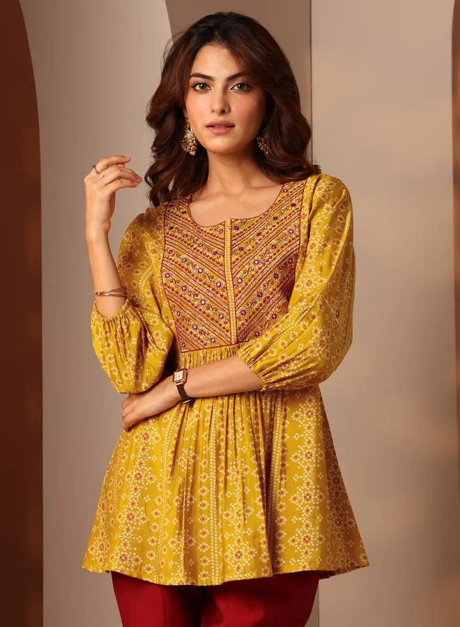 لباس Mustard Printed Silk Blend Anarkali Kurti