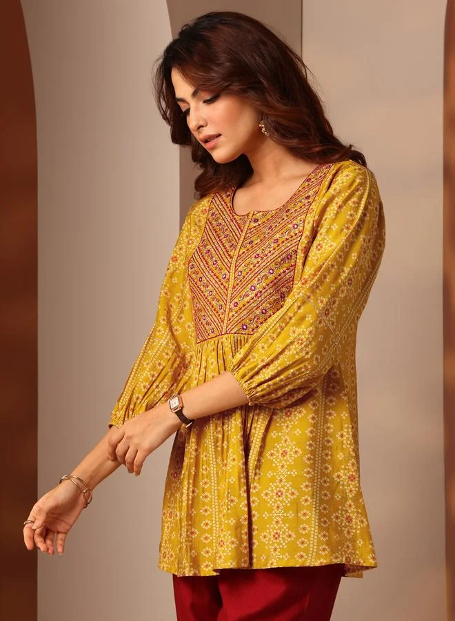 لباس Mustard Printed Silk Blend Anarkali Kurti