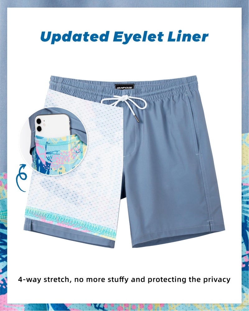 SURF CUZ Mens Swim Trunks with Compression Liner Quick Dry Swim Shorts 7" Swimming Trunks Stretch Zipper Pockets Haze Blue Large - Image 4