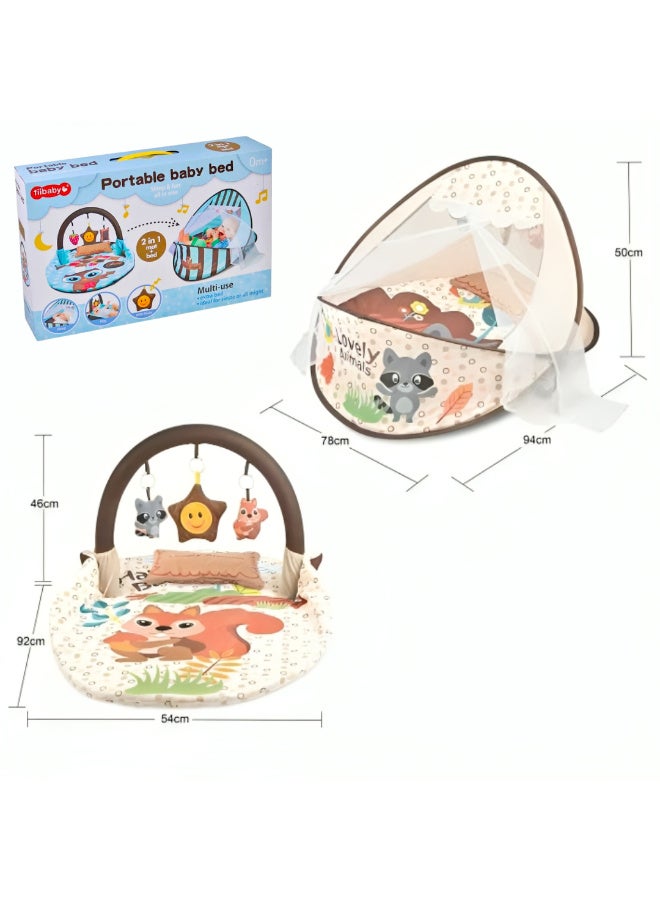 Tiibaby 2 in 1 Portable Baby Cot and Playmat with Mosquito Net and Hanging Toys - Foldable Baby Cot and Playmat - Lightweight and Easy to Carry - Cute and Safe Design for Babies from Birth - Multi-Color (Beige) - Image 1