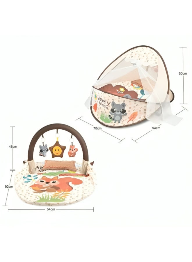 Tiibaby 2 in 1 Portable Baby Cot and Playmat with Mosquito Net and Hanging Toys - Foldable Baby Cot and Playmat - Lightweight and Easy to Carry - Cute and Safe Design for Babies from Birth - Multi-Color (Beige) - Image 2