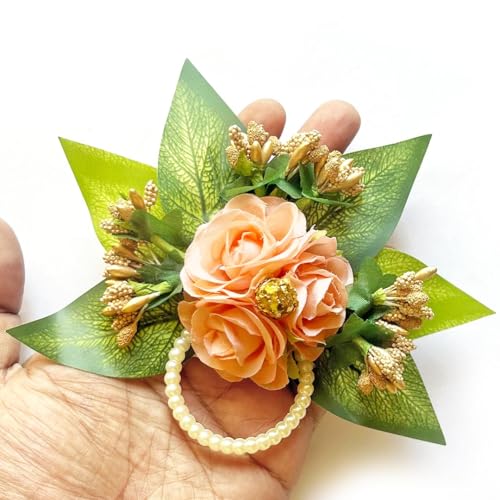ADIKALA™ Handmade Artificial 3 Flowers and Pollen Bunch for Trousseau Packing, Ready to use Flower Brooch Hamper for Decoration, Gift Wrapping Flowers (6, Peach) - Image 1