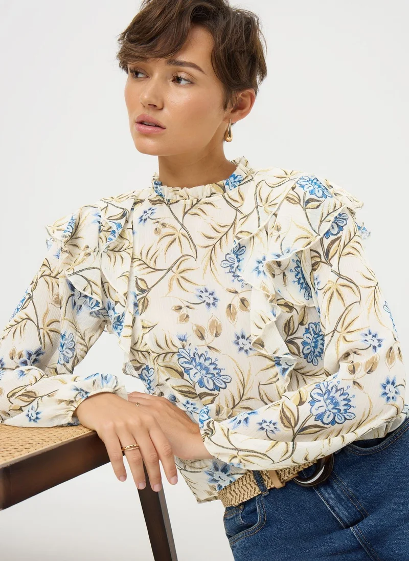 Matalan Cream Floral Ruffle Long Sleeve Blouse