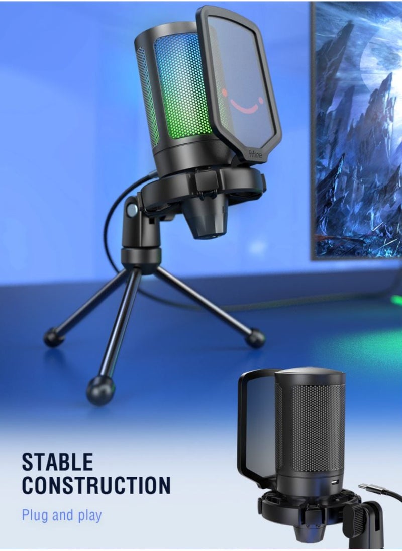 Gaming USB Microphone For PC PS5, Condenser Mic With Quick Mute, RGB Indicator, Tripod Stand, Pop Filter, Shock Mount, Gain Control For Streaming Discord Twitch Podcasts Videos-AmpliGame -A6V