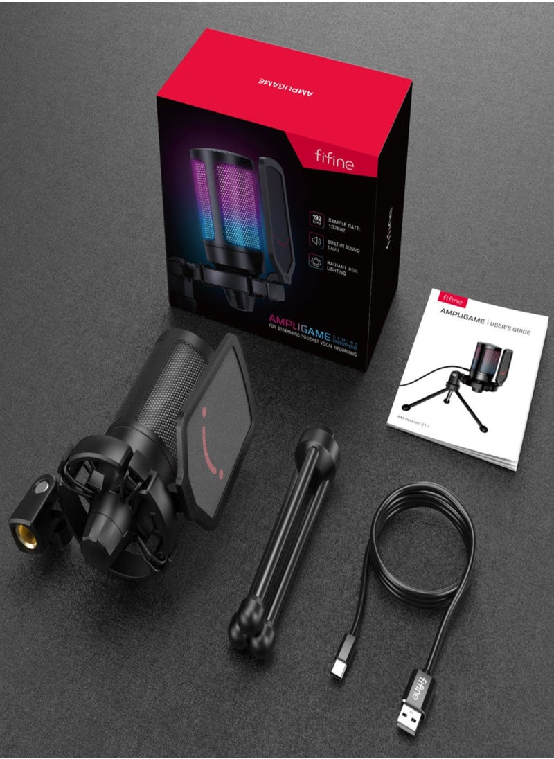 Gaming USB Microphone For PC PS5, Condenser Mic With Quick Mute, RGB Indicator, Tripod Stand, Pop Filter, Shock Mount, Gain Control For Streaming Discord Twitch Podcasts Videos-AmpliGame -A6V