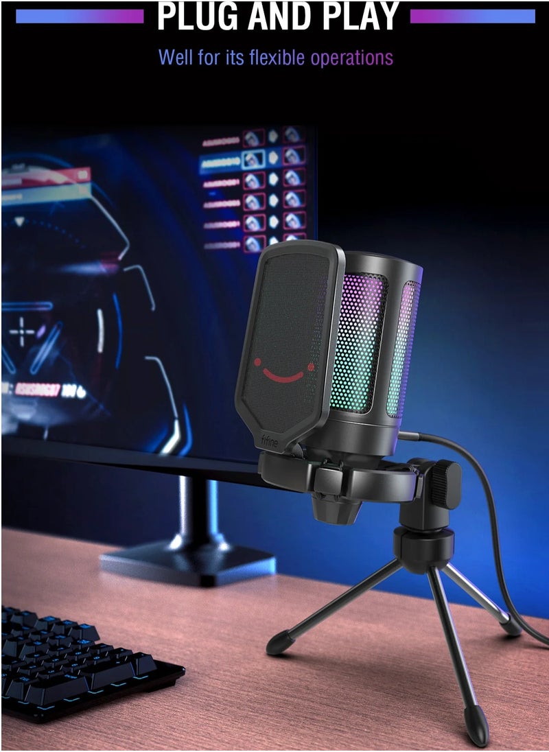 Gaming USB Microphone For PC PS5, Condenser Mic With Quick Mute, RGB Indicator, Tripod Stand, Pop Filter, Shock Mount, Gain Control For Streaming Discord Twitch Podcasts Videos-AmpliGame -A6V