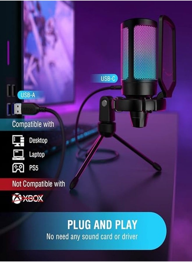 Gaming USB Microphone For PC PS5, Condenser Mic With Quick Mute, RGB Indicator, Tripod Stand, Pop Filter, Shock Mount, Gain Control For Streaming Discord Twitch Podcasts Videos-AmpliGame -A6V