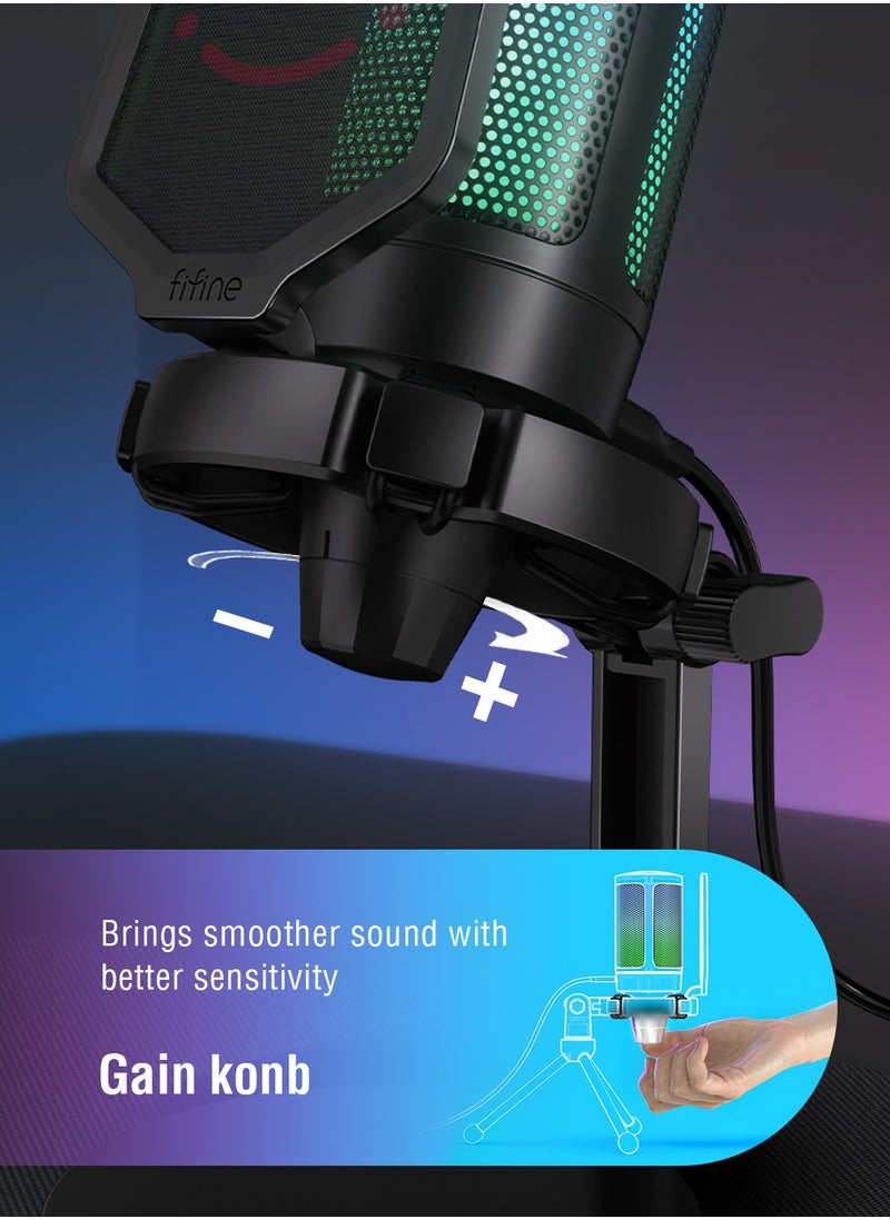 Gaming USB Microphone For PC PS5, Condenser Mic With Quick Mute, RGB Indicator, Tripod Stand, Pop Filter, Shock Mount, Gain Control For Streaming Discord Twitch Podcasts Videos-AmpliGame -A6V